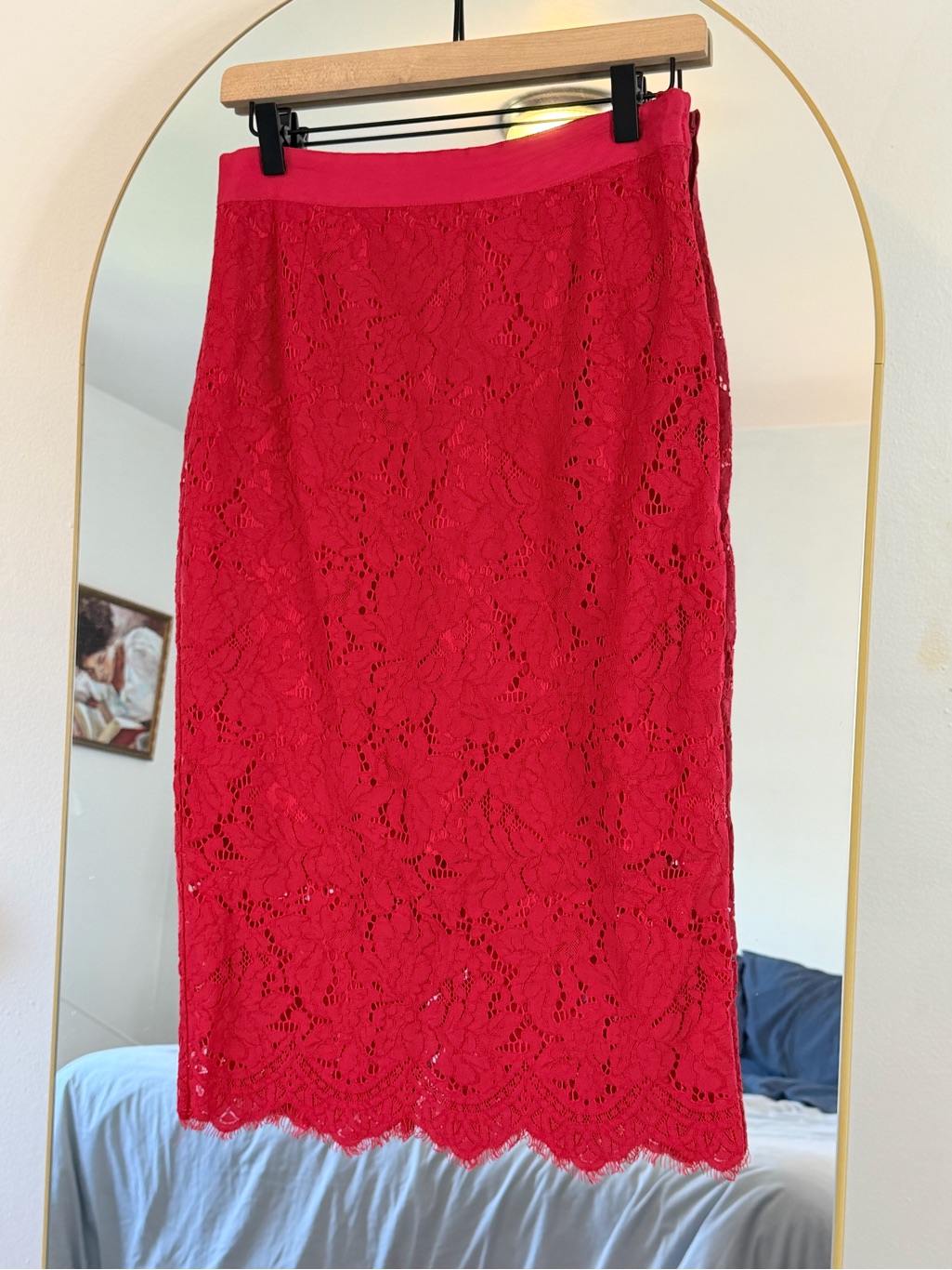 H&M Red Lace Midi Pencil Skirt Size 8